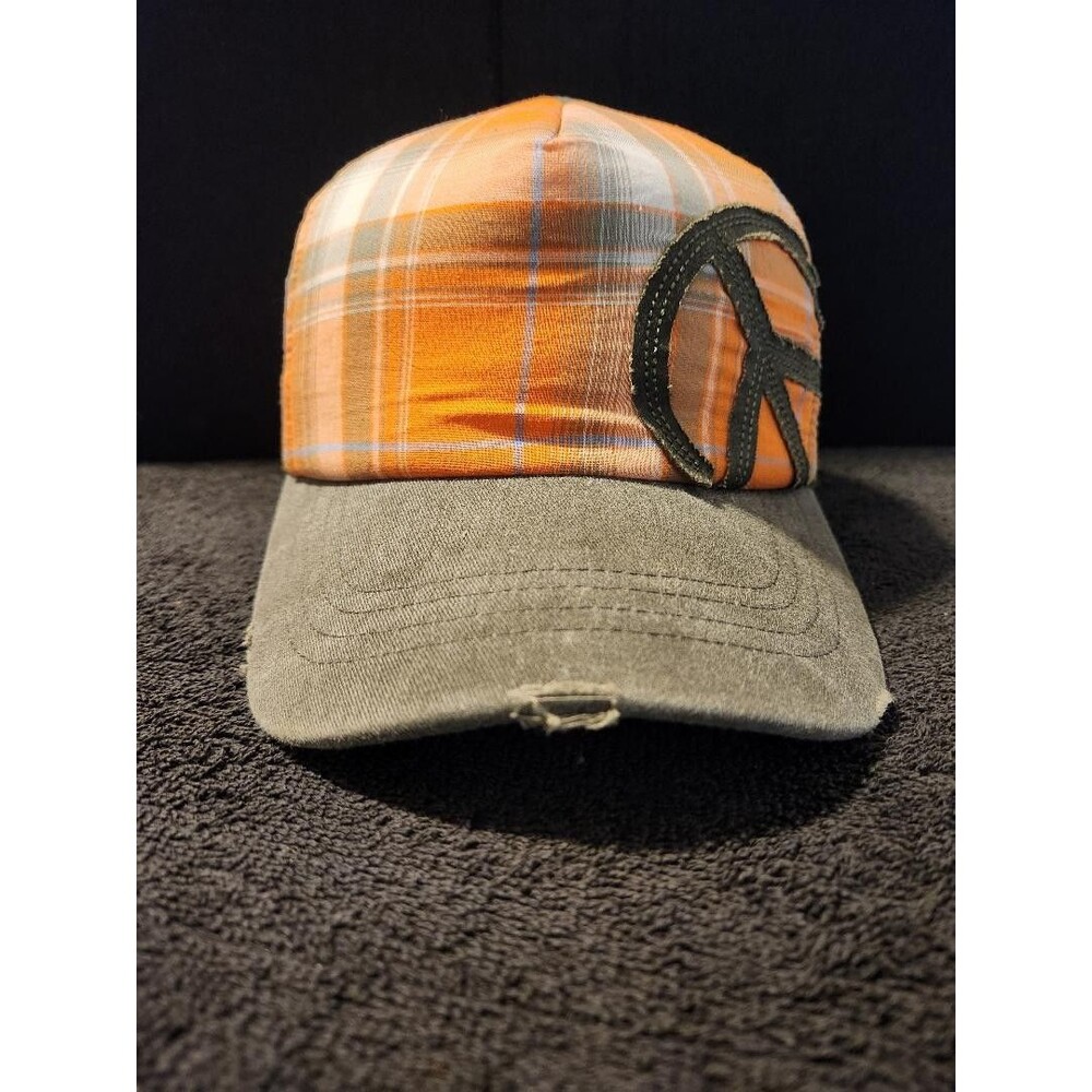 Woman's Peace Sign Plaid Headers Distressed Trucker Mesh SnapBack Hat